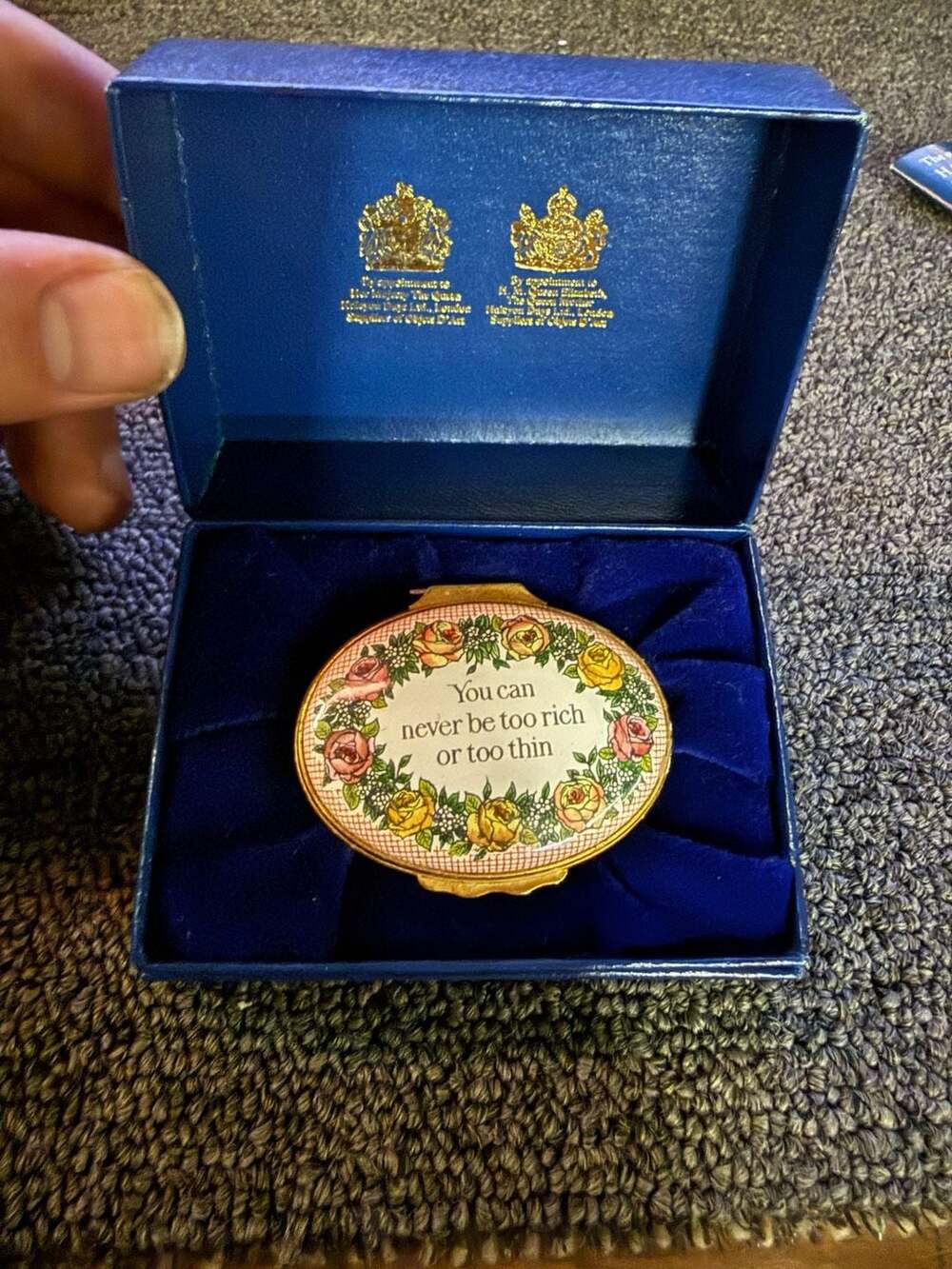 Halcyon Days Enamels England Oval Trinket Box with 'You can never be too rich or